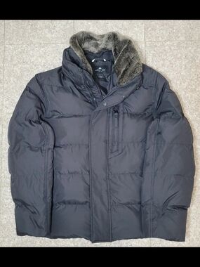 Andrew Marc Men's Dark Gray Puffer Jacket with Faux-Fur Collar Size Large